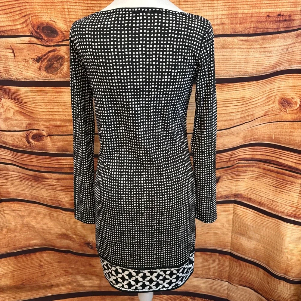 Michael Kors Black White Geometric‎ Print Maxi Long Sleeve Bodycon Dress Sz XS